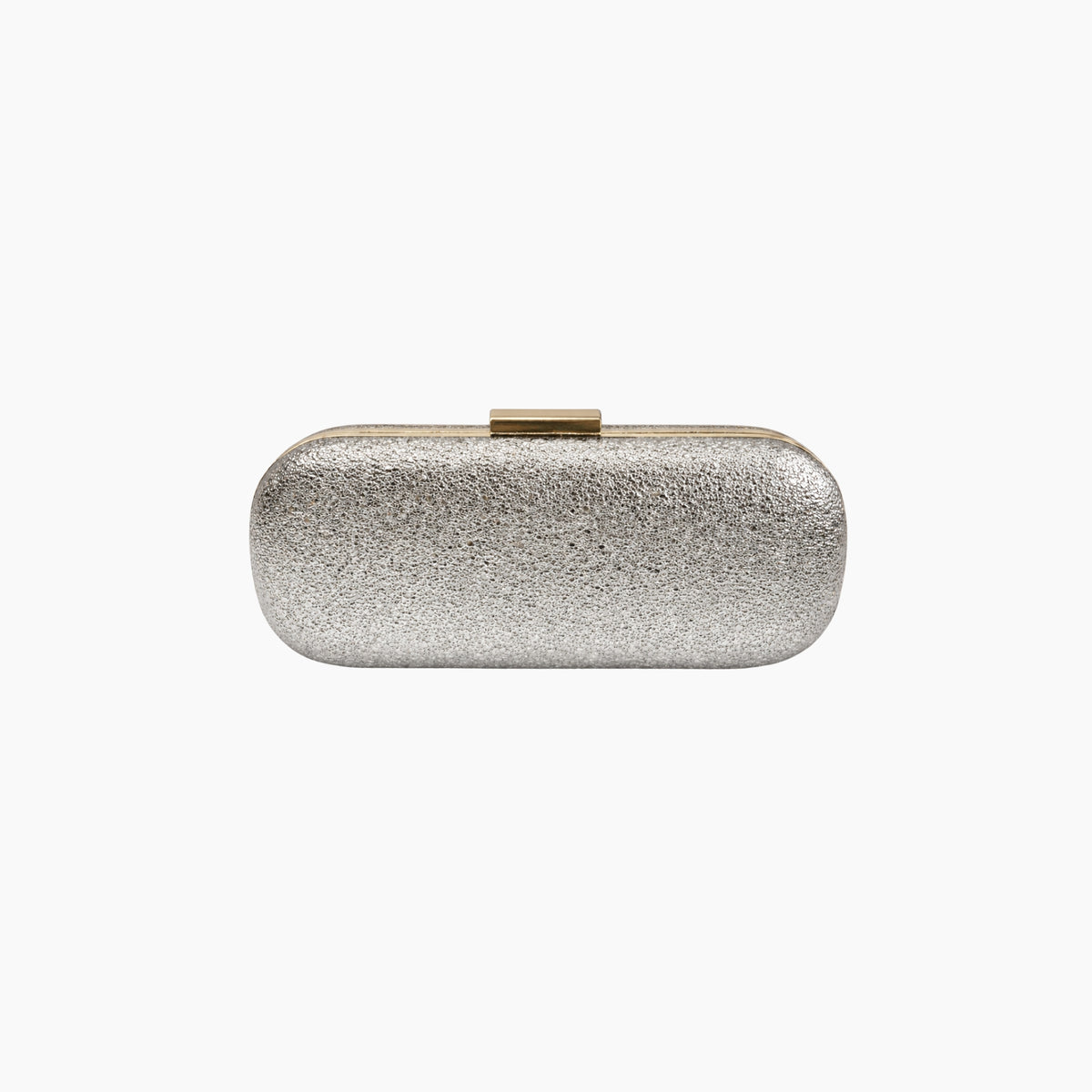 Silver glittery clutch bag on a white background