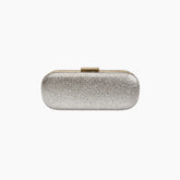 Silver glittery clutch bag on a white background