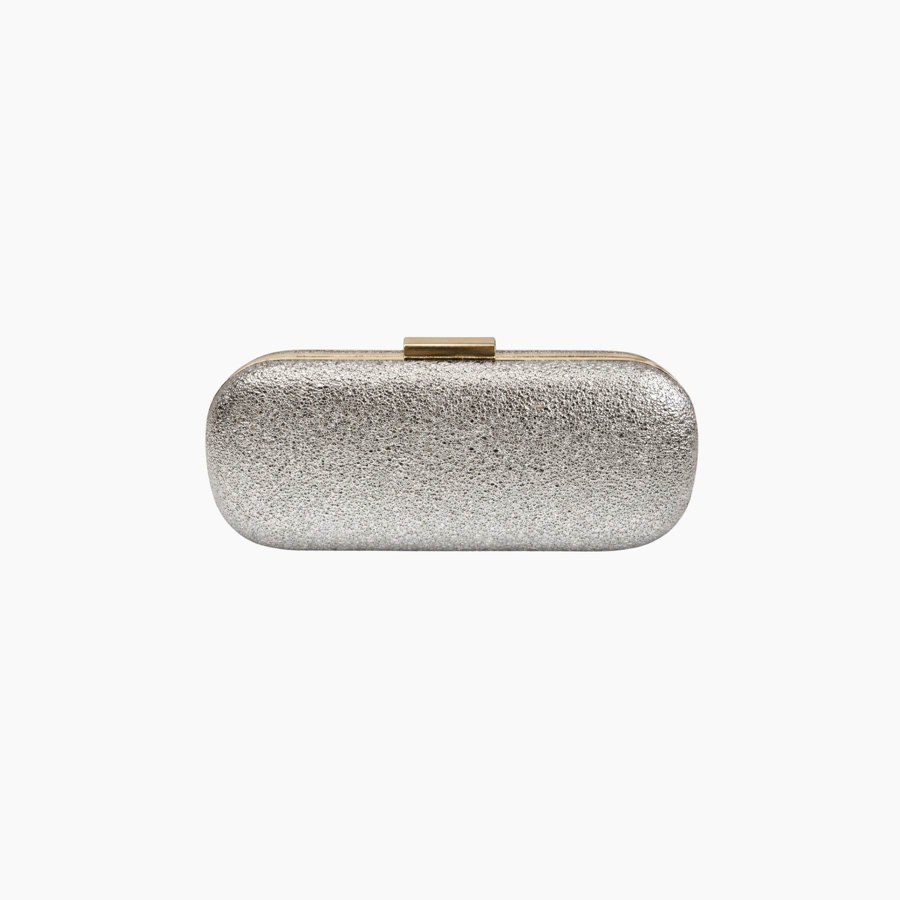 Silver glittery clutch bag on a white background