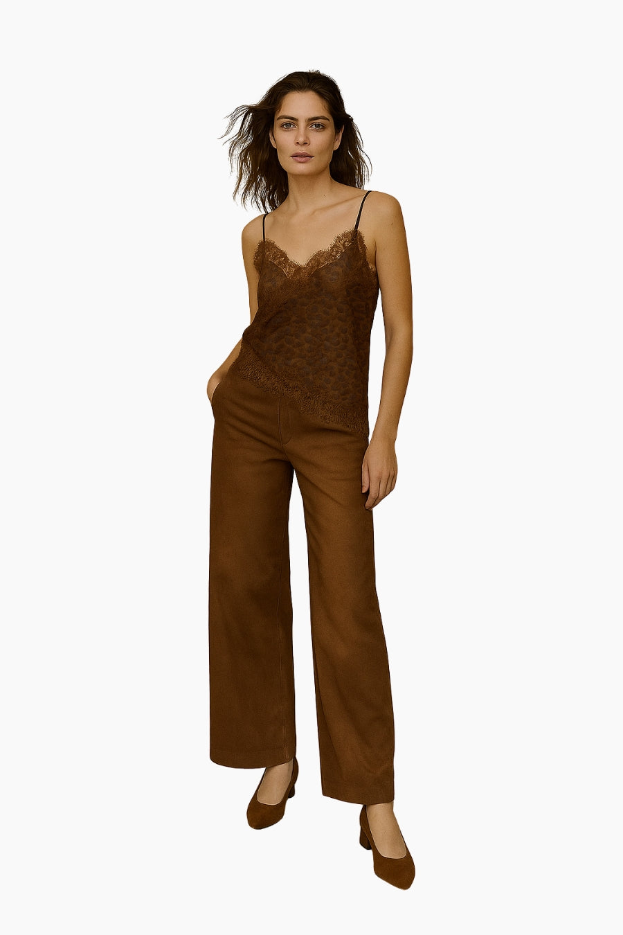 Woman wearing a brown jumpsuit 