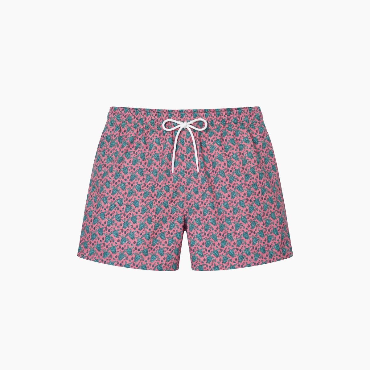 Pink and blue patterned shorts with a drawstring on a white background