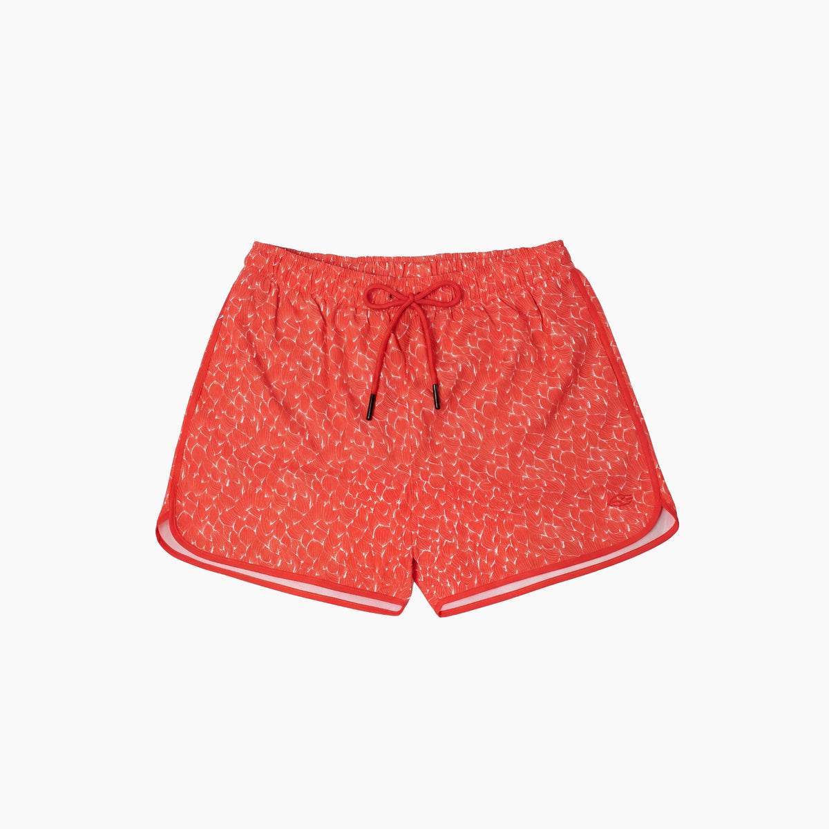 Red swim shorts with a subtle pattern on a white background