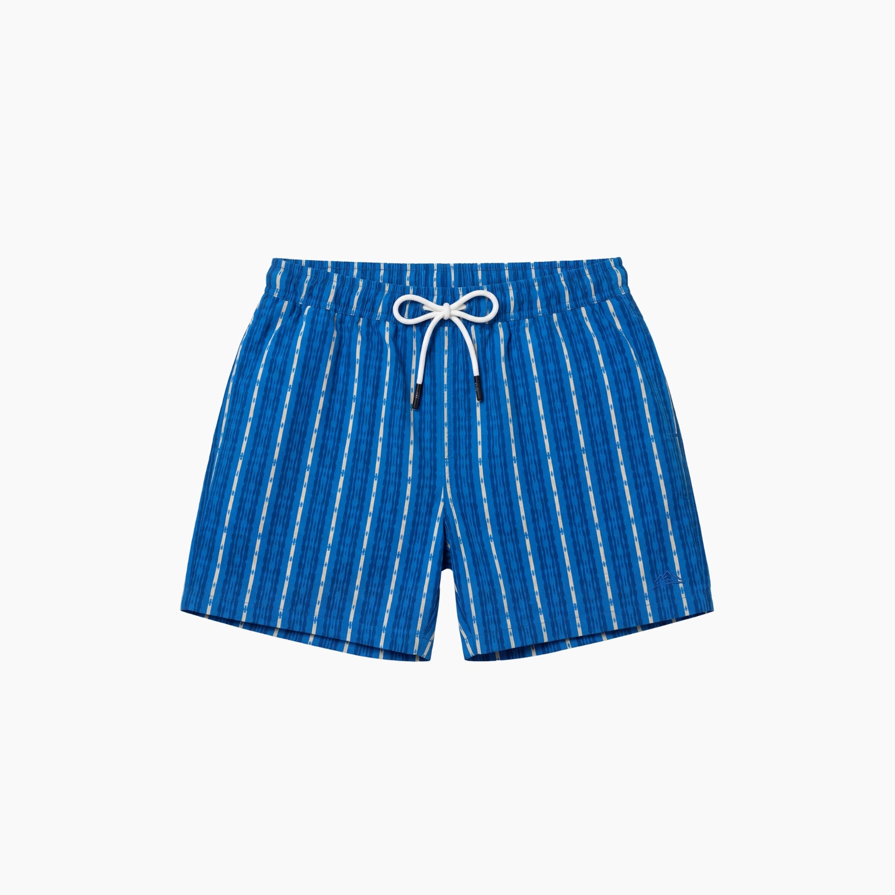 Blue striped shorts with a white drawstring on a white background