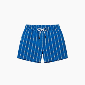 Blue striped shorts with a white drawstring on a white background
