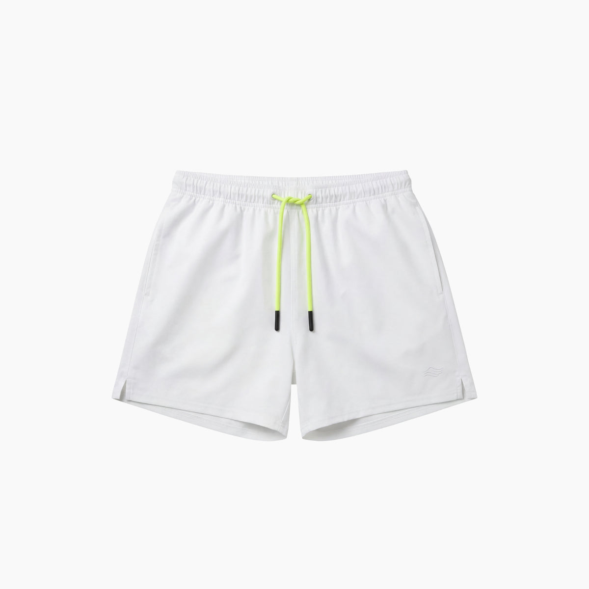 White shorts with a neon green drawstring on a white background