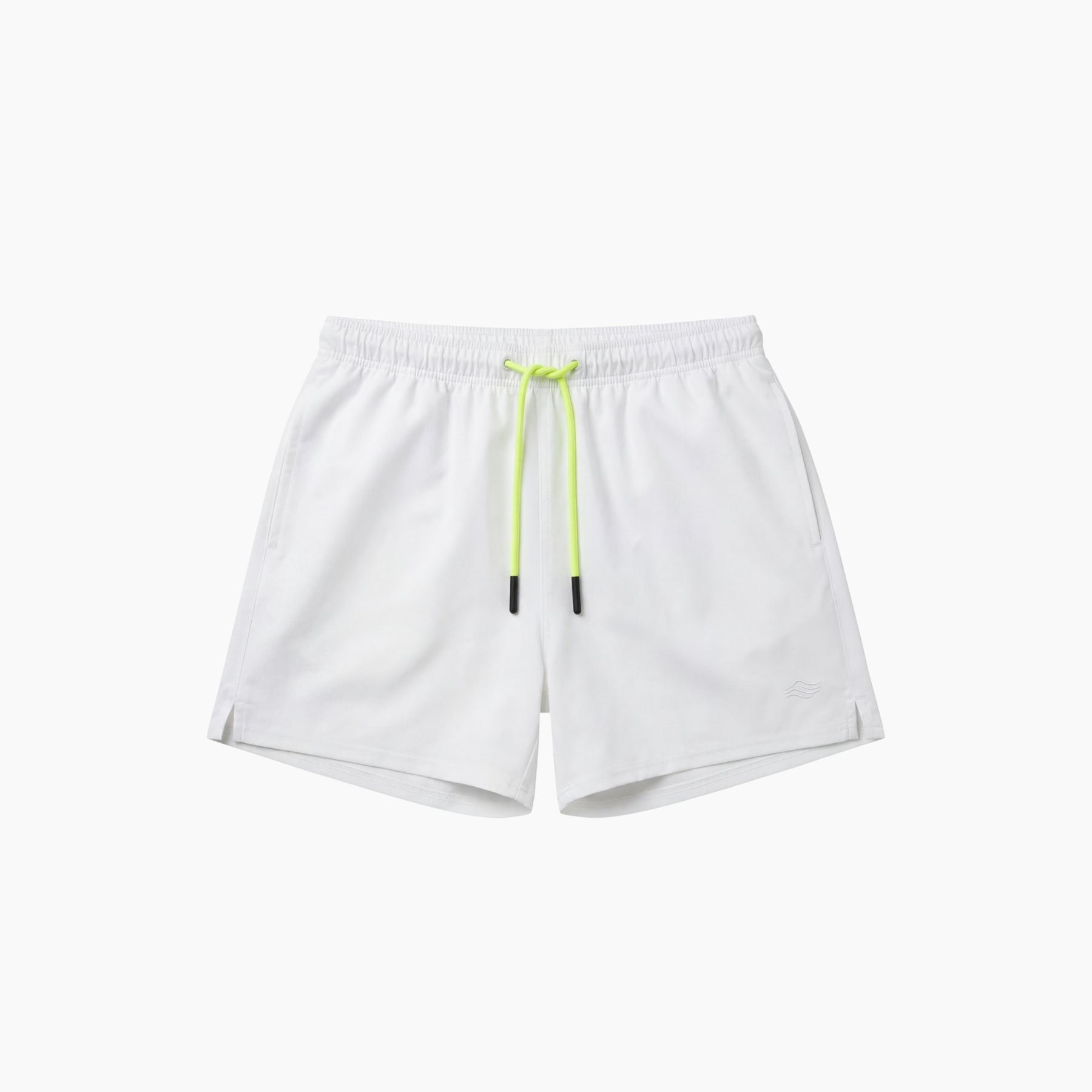 White shorts with a neon green drawstring on a white background