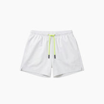 White shorts with a neon green drawstring on a white background
