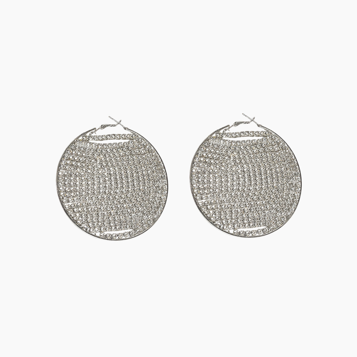 Pair of silver hoop earrings on a white background