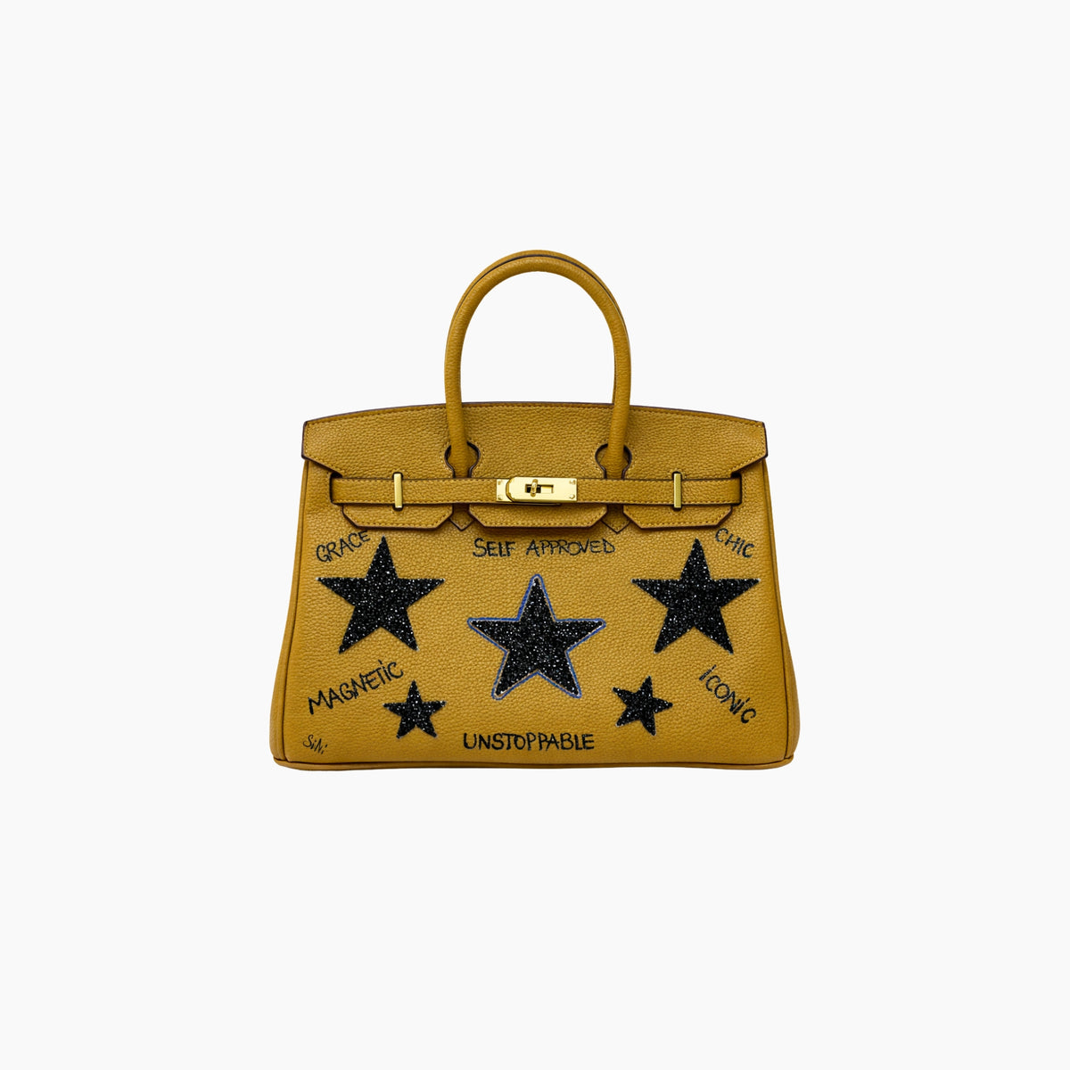 Yellow handbag with star designs and text on a white background