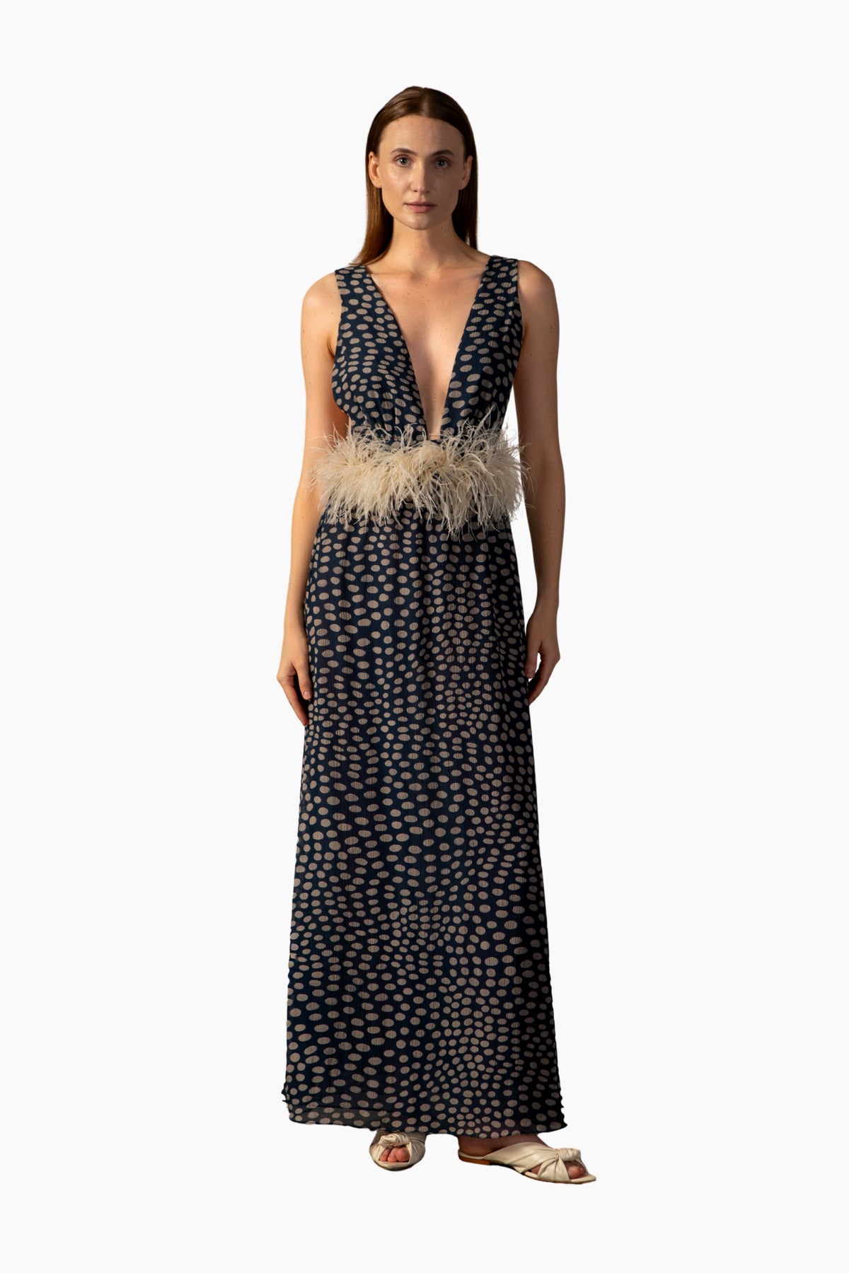 Pois Plunge Neck Long Dress
