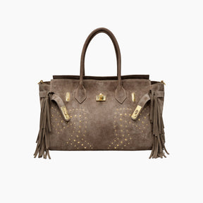 Brown handbag with gold studs and fringes on a white background
