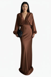 Woman wearing a brown evening gown 