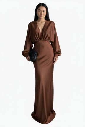 Woman wearing a brown evening gown 