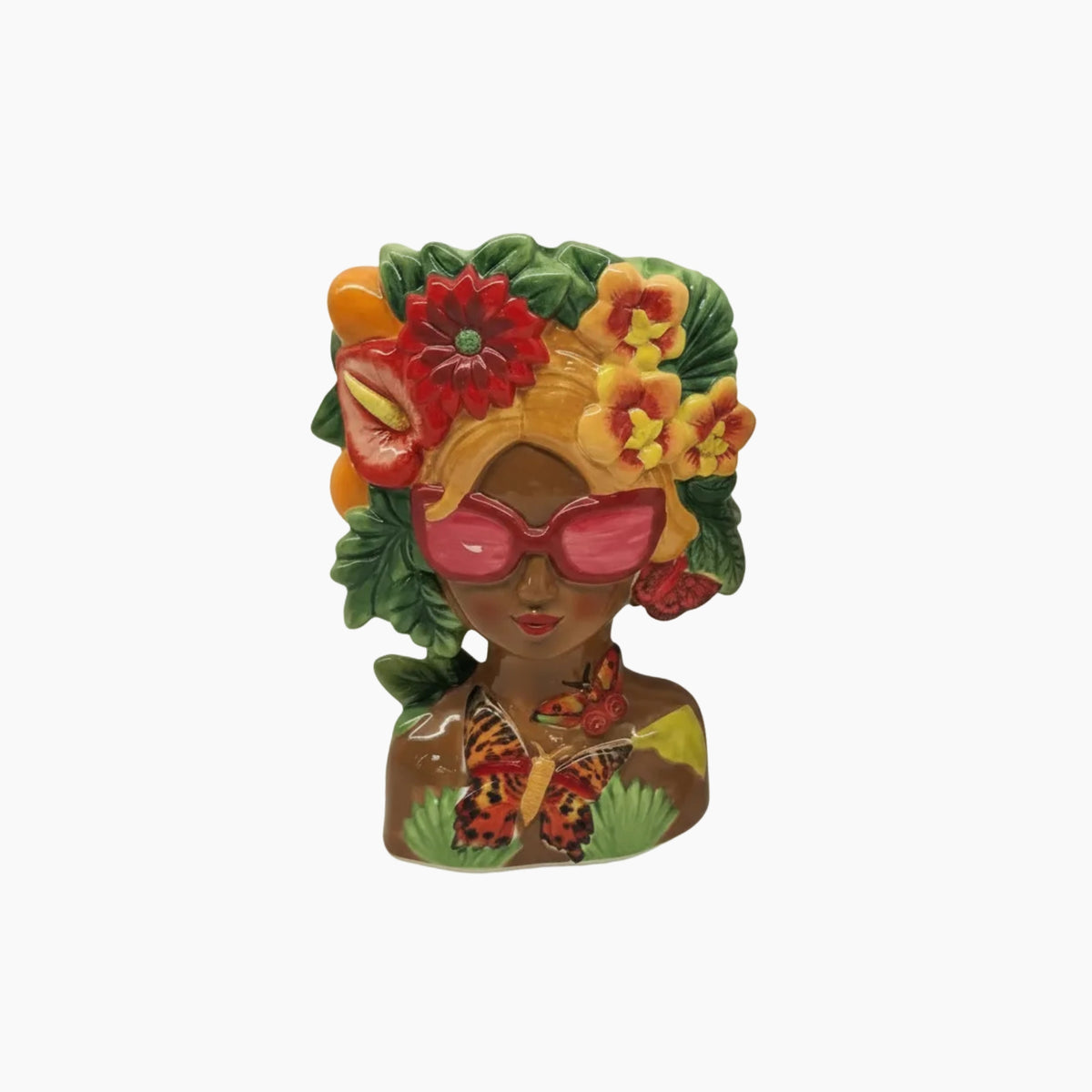 Decorative bust of a woman with floral headpiece and sunglasses on a white background