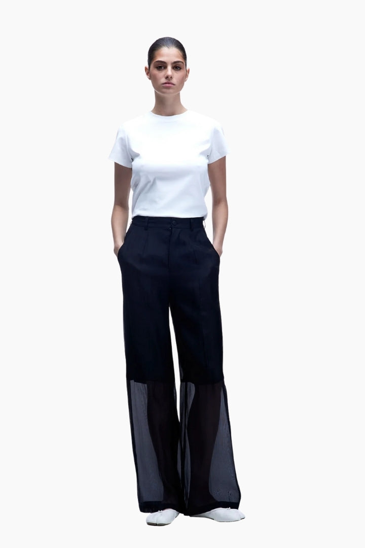 Person wearing a white t-shirt and black pants with sheer panels on a white background