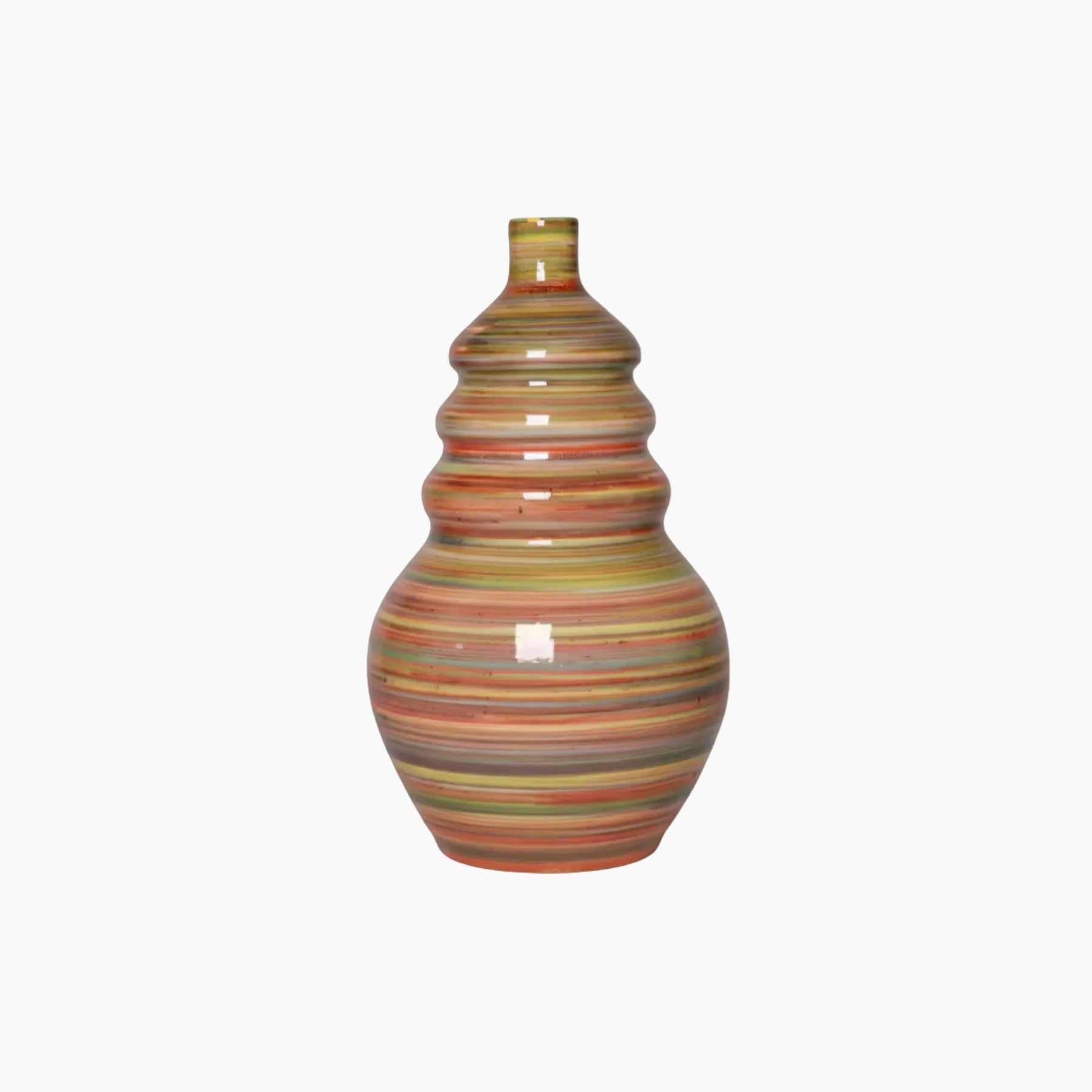 Decorative vase with multicolored stripes on a white background