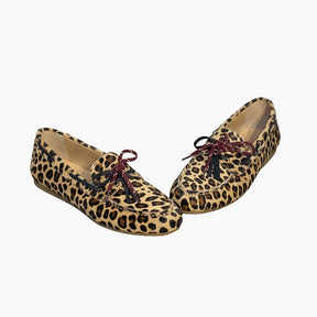 leopard loafer with a burgundy bow tie upfront 