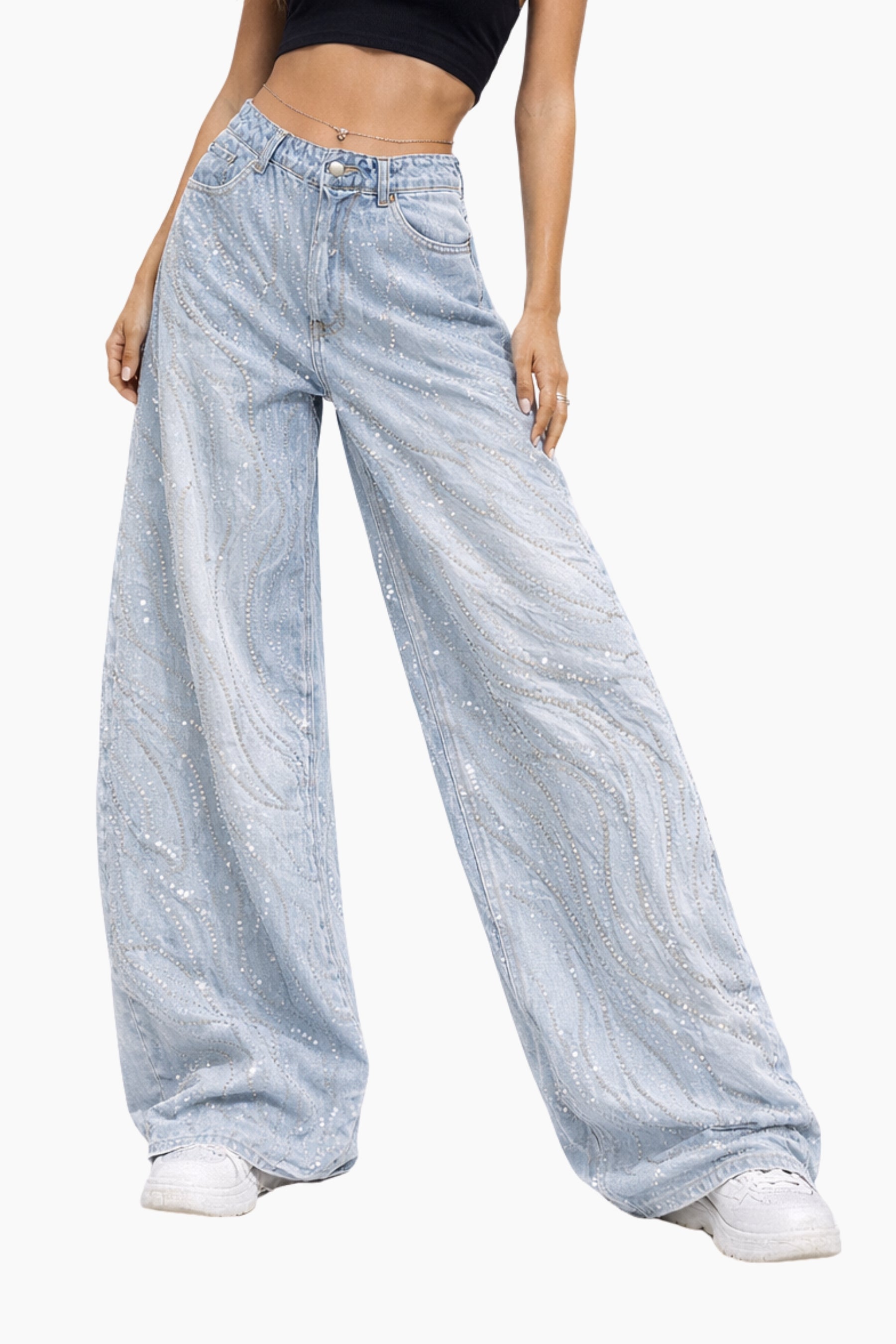 Light blue wide-leg jeans worn by a person on a white background