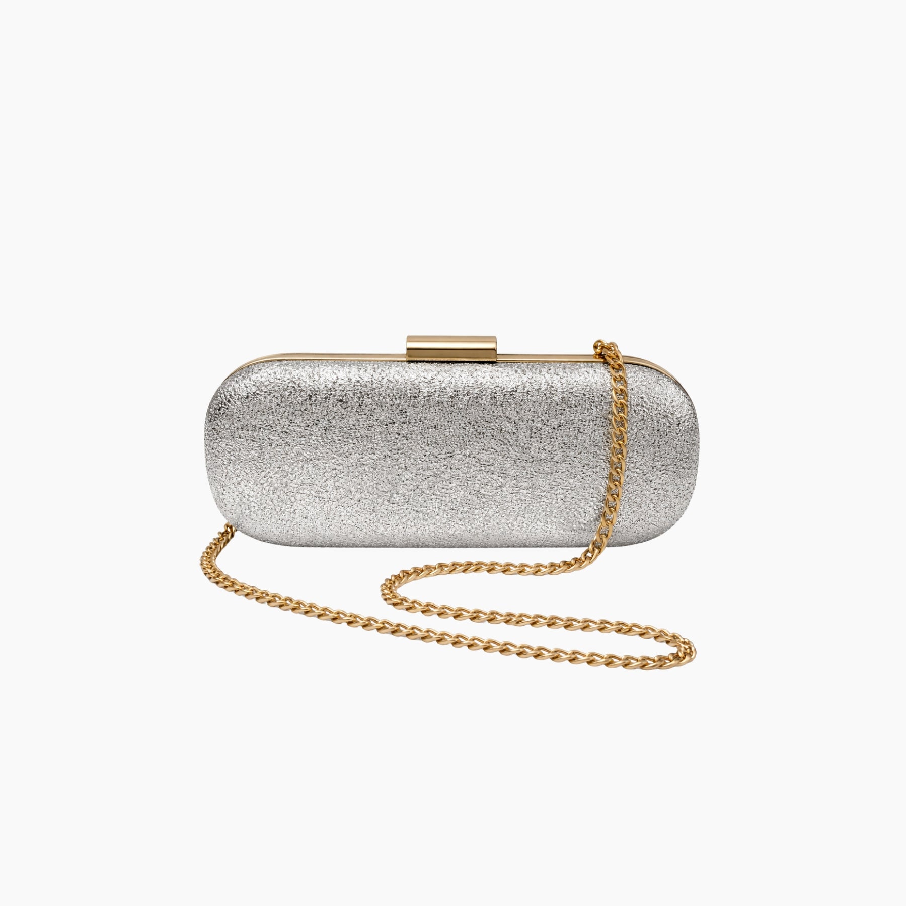 Silver glitter clutch bag with a gold chain on a white background