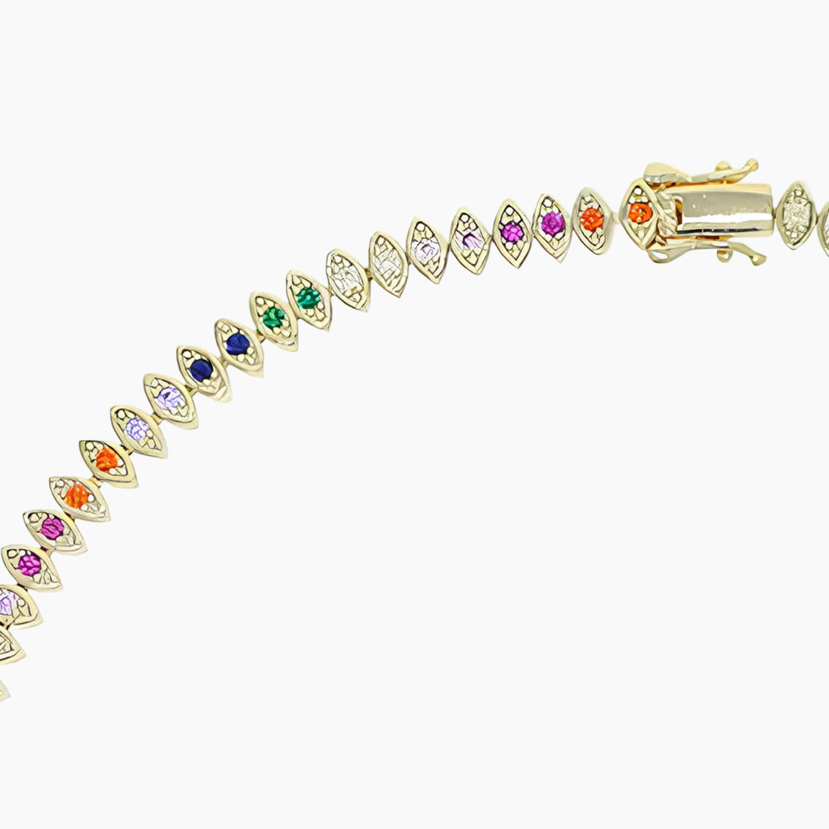 Gold bracelet with colorful gemstones on a white background