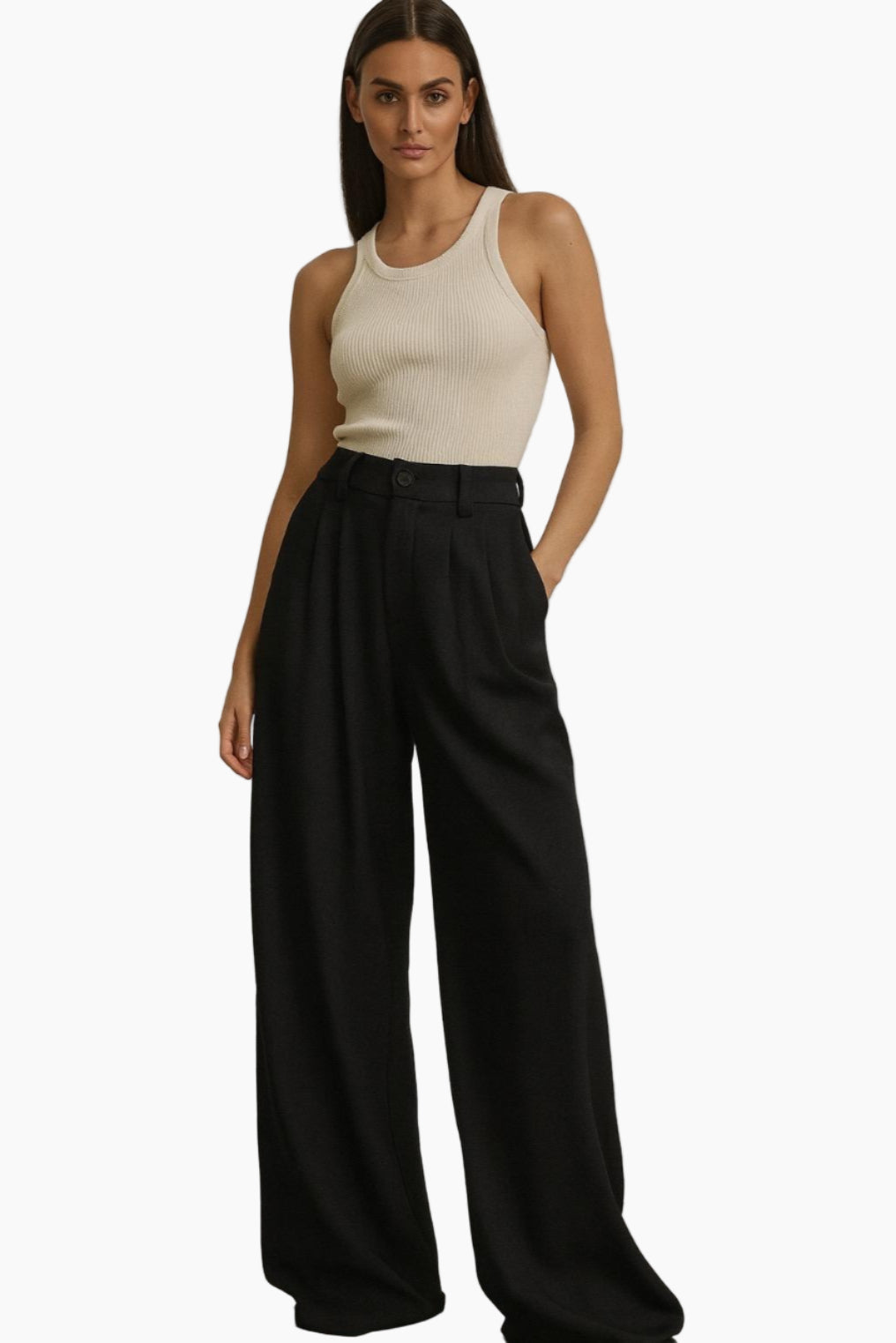 Woman wearing a beige sleeveless top and black wide-leg pants on a white background