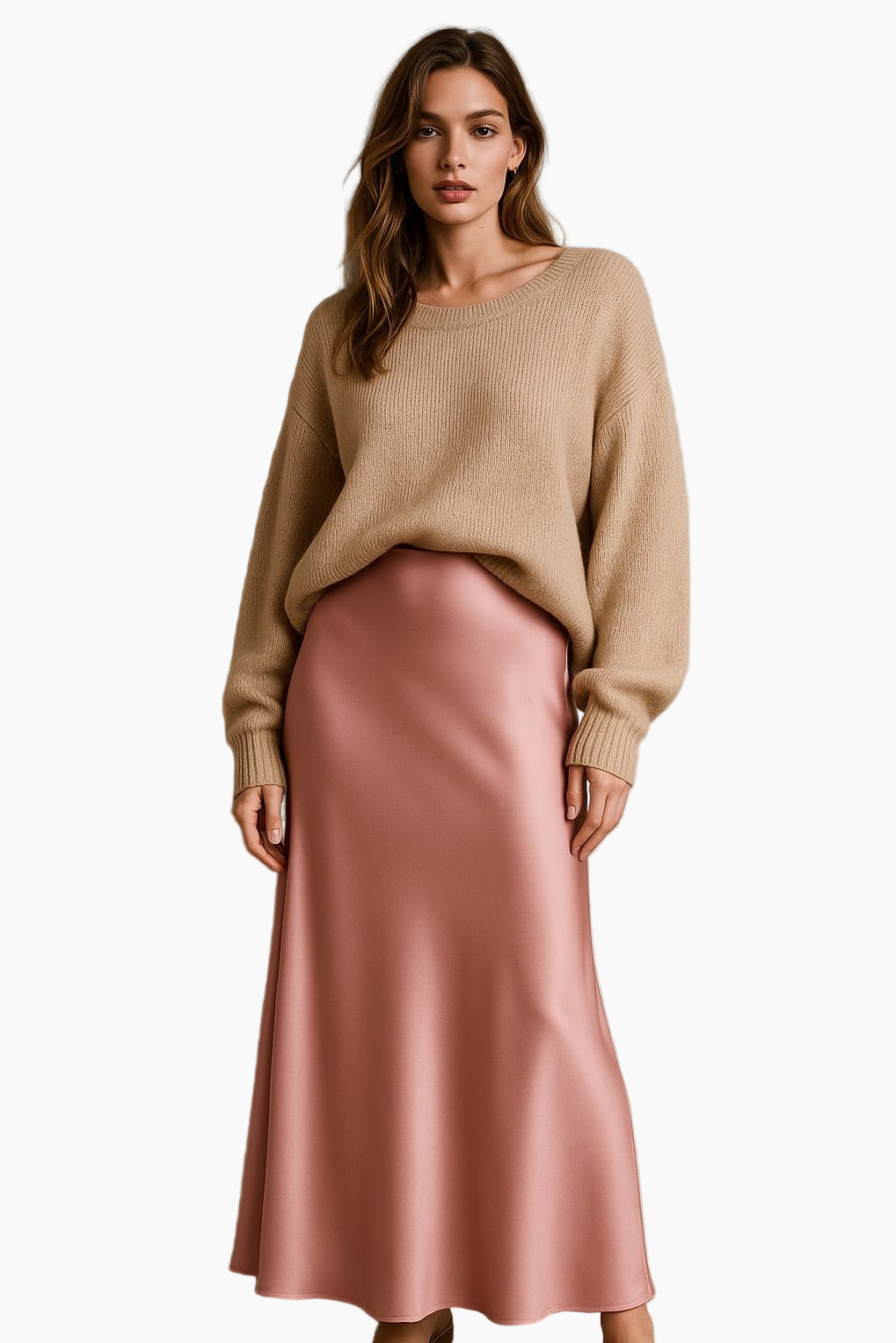 Woman wearing a beige sweater and pink satin skirt 