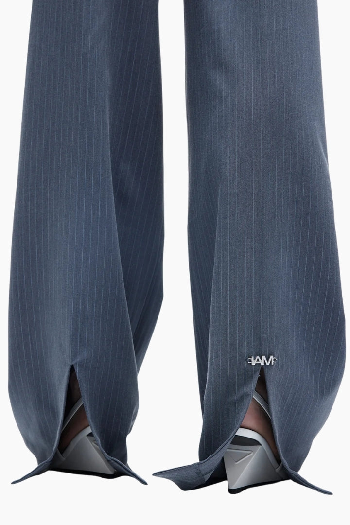Blue pants with a brand logo 