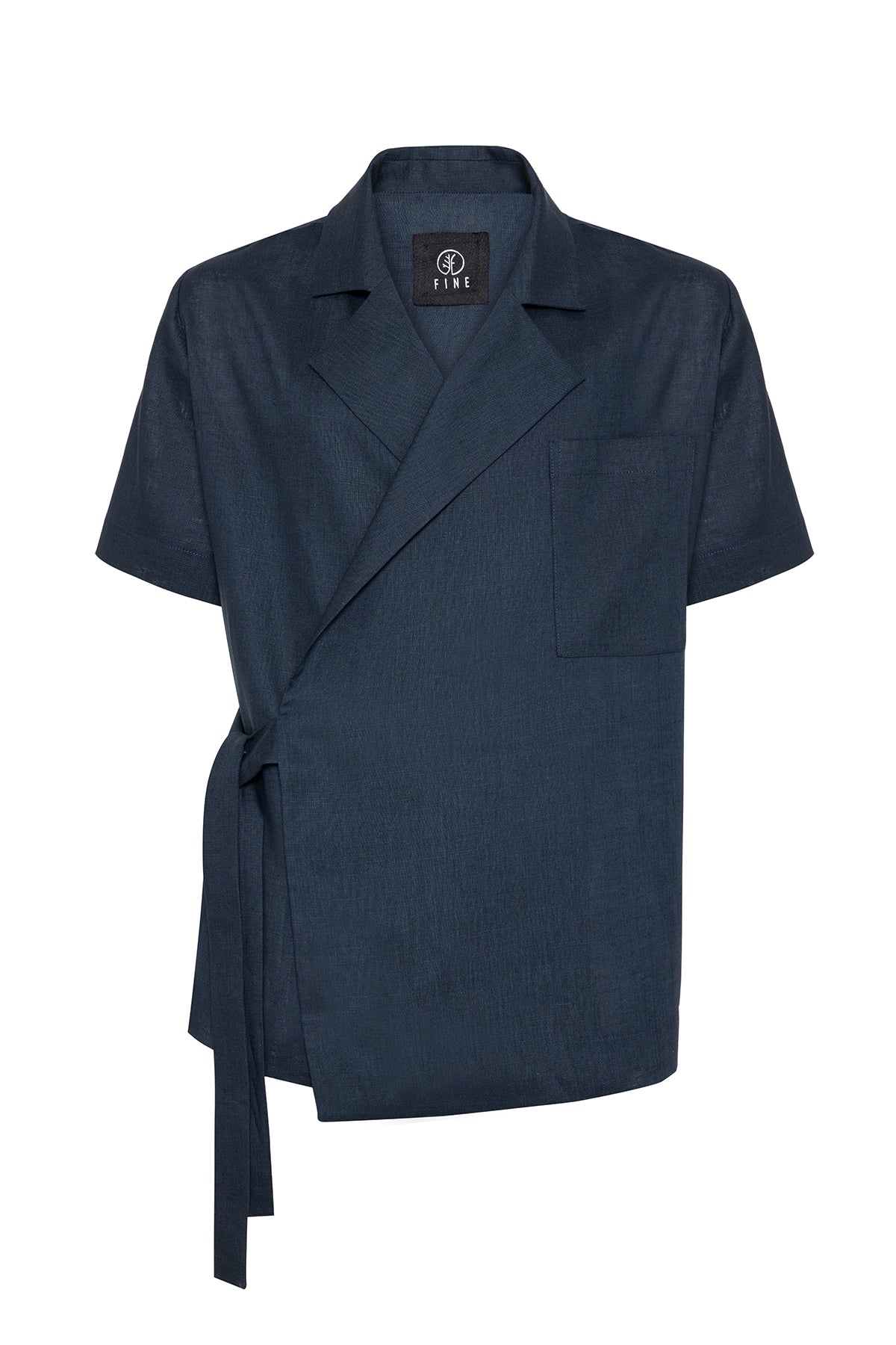 Navy blue robe with a tie waist on a white background