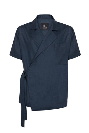 Navy blue robe with a tie waist on a white background