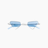 Sunglasses with blue lenses and thin metal frame on a white background
