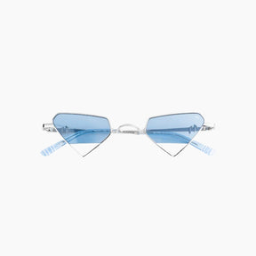 Sunglasses with blue lenses and thin metal frame on a white background
