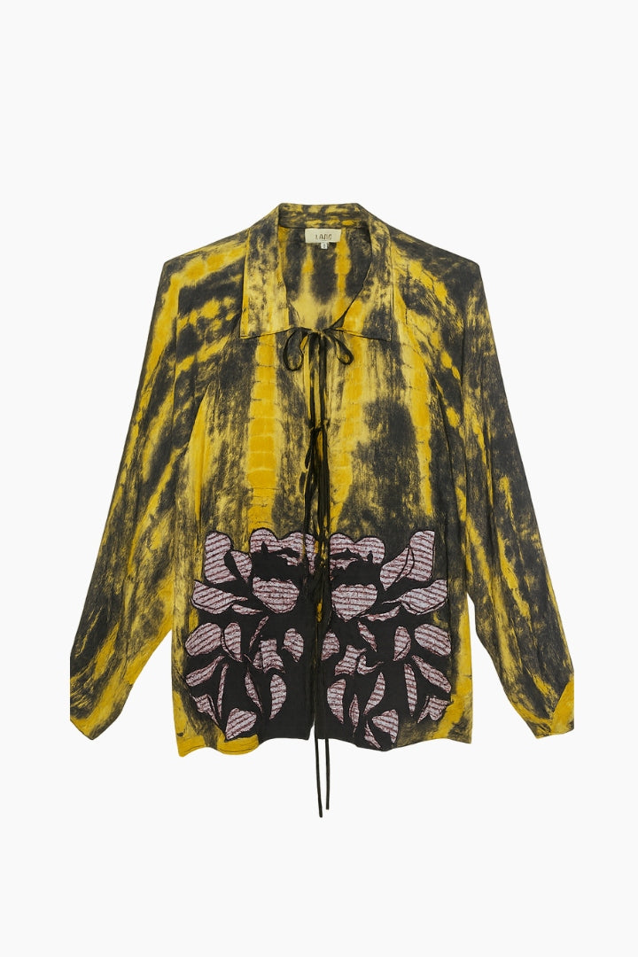 Yellow and black tie-dye jacket with floral patterns 
