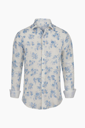 White shirt with blue floral pattern