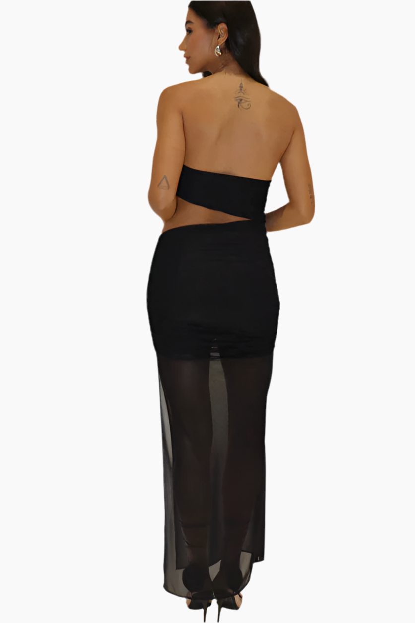 Black dress with cut-out design.