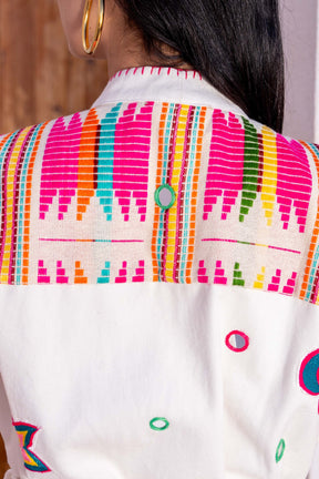 Colorful patterned jacket with a white background