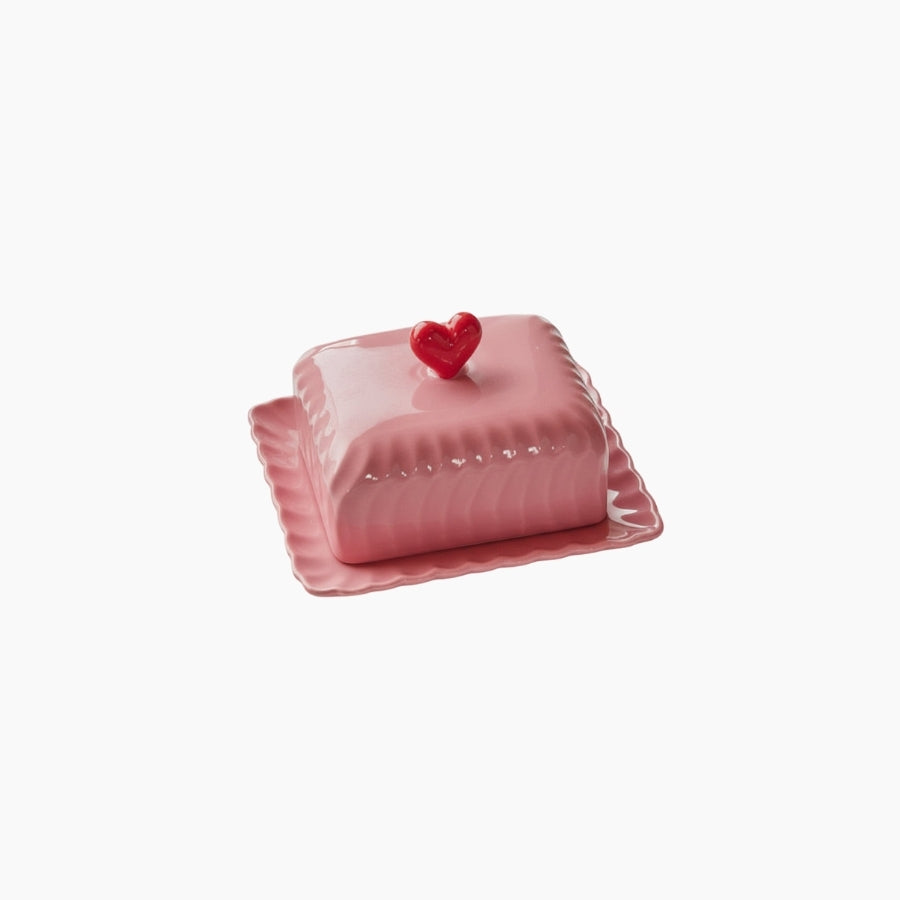 Ceramic Butter Dish with Red Heart - Pink