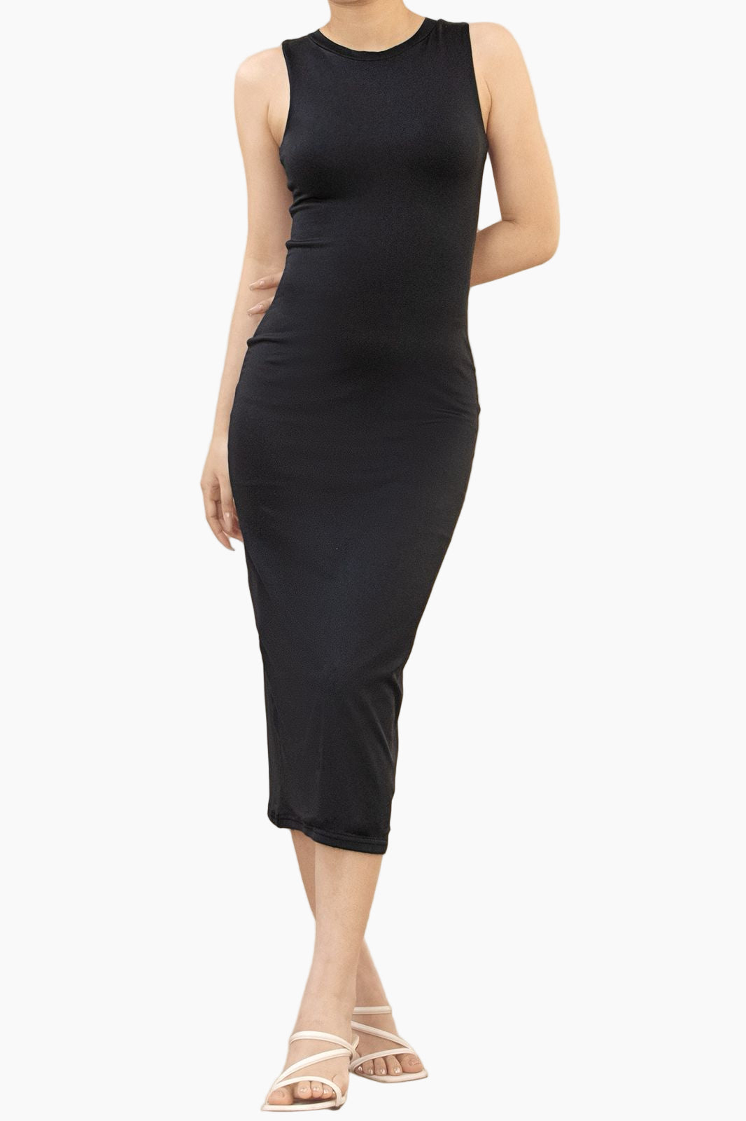 Black sleeveless dress worn by a person