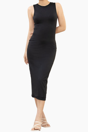 Black sleeveless dress worn by a person