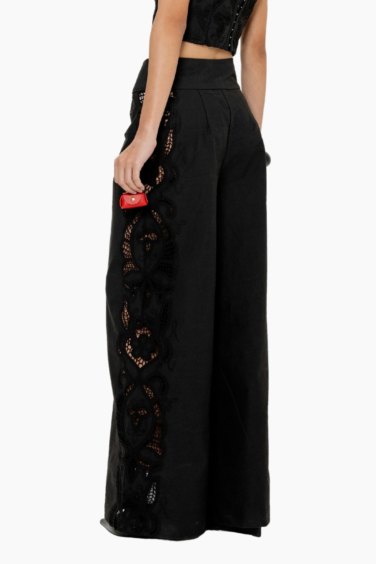 Black wide-leg pants with floral embroidery