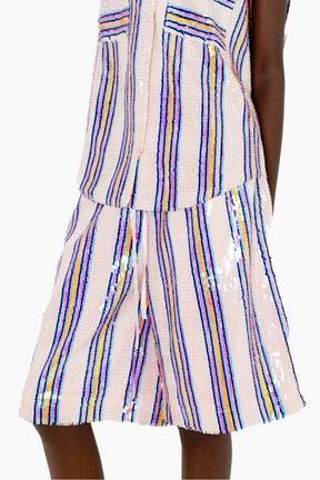Eye-catching featuring knee-length relaxed-fit shorts with multicolored vertical sequin stripes on a textured base.