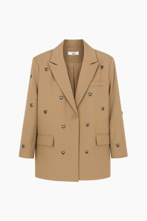 Beige double-breasted coat with heart-shaped buttons 