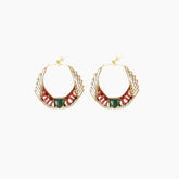 Pair of gold hoop earrings with red and green accents 