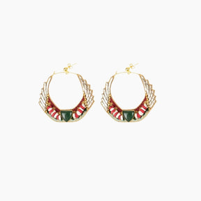 Pair of gold hoop earrings with red and green accents 