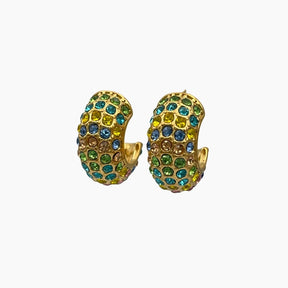 Gold hoop earrings with green and blue gemstones 