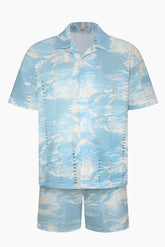 Light blue and white patterned shirt and shorts set 