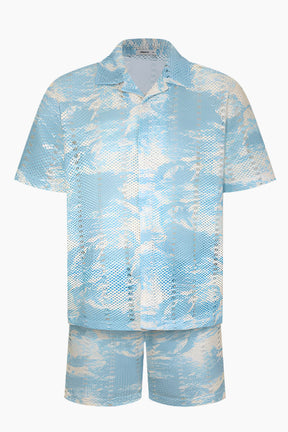 Light blue and white patterned shirt and shorts set 