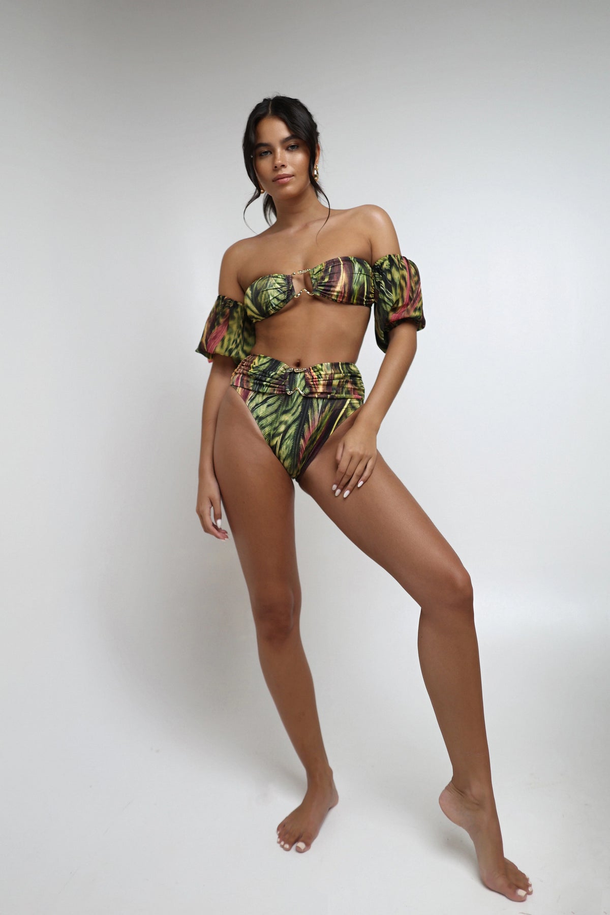 Woman wearing a camouflage bikini set 