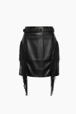 Black leather skirt with fringe details 