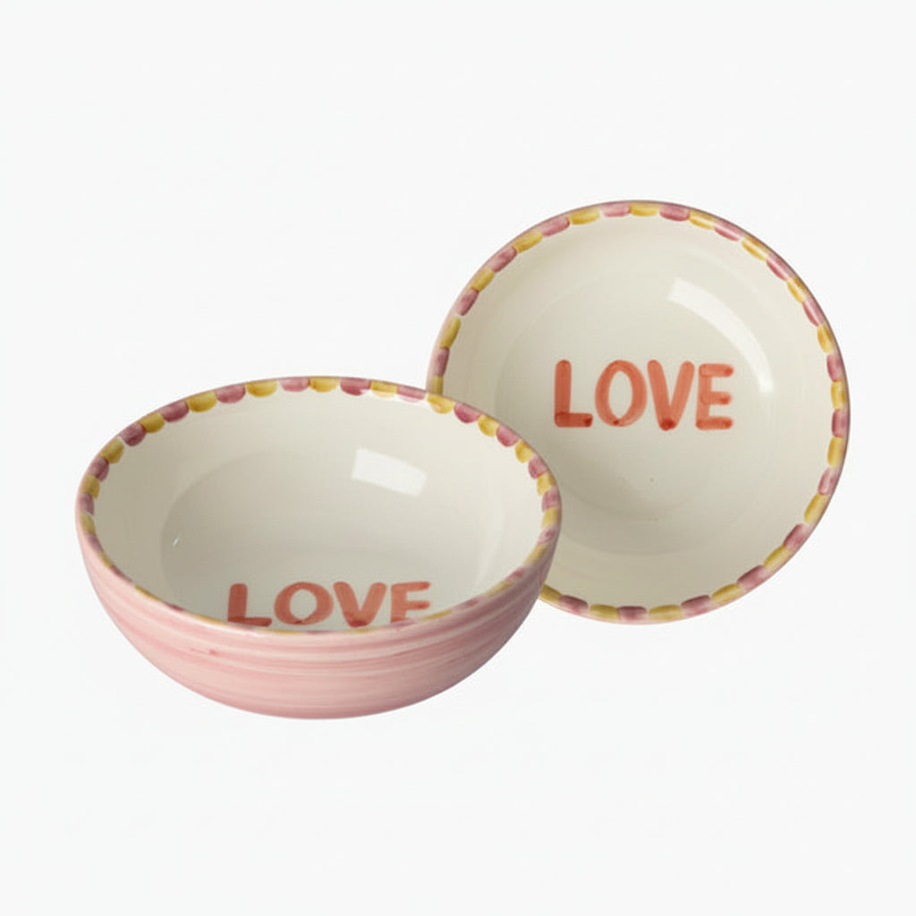 Two ceramic bowls with 'LOVE' text 