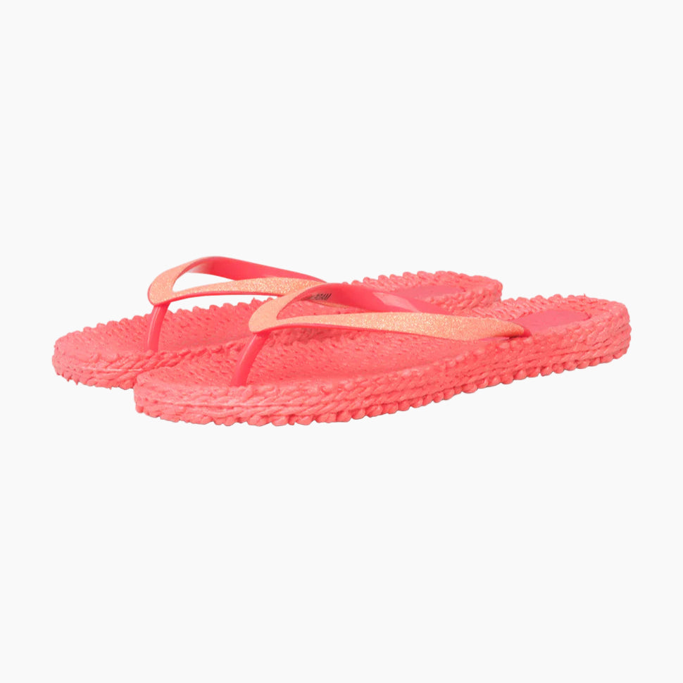 Pair of pink flip-flops on a light gray background